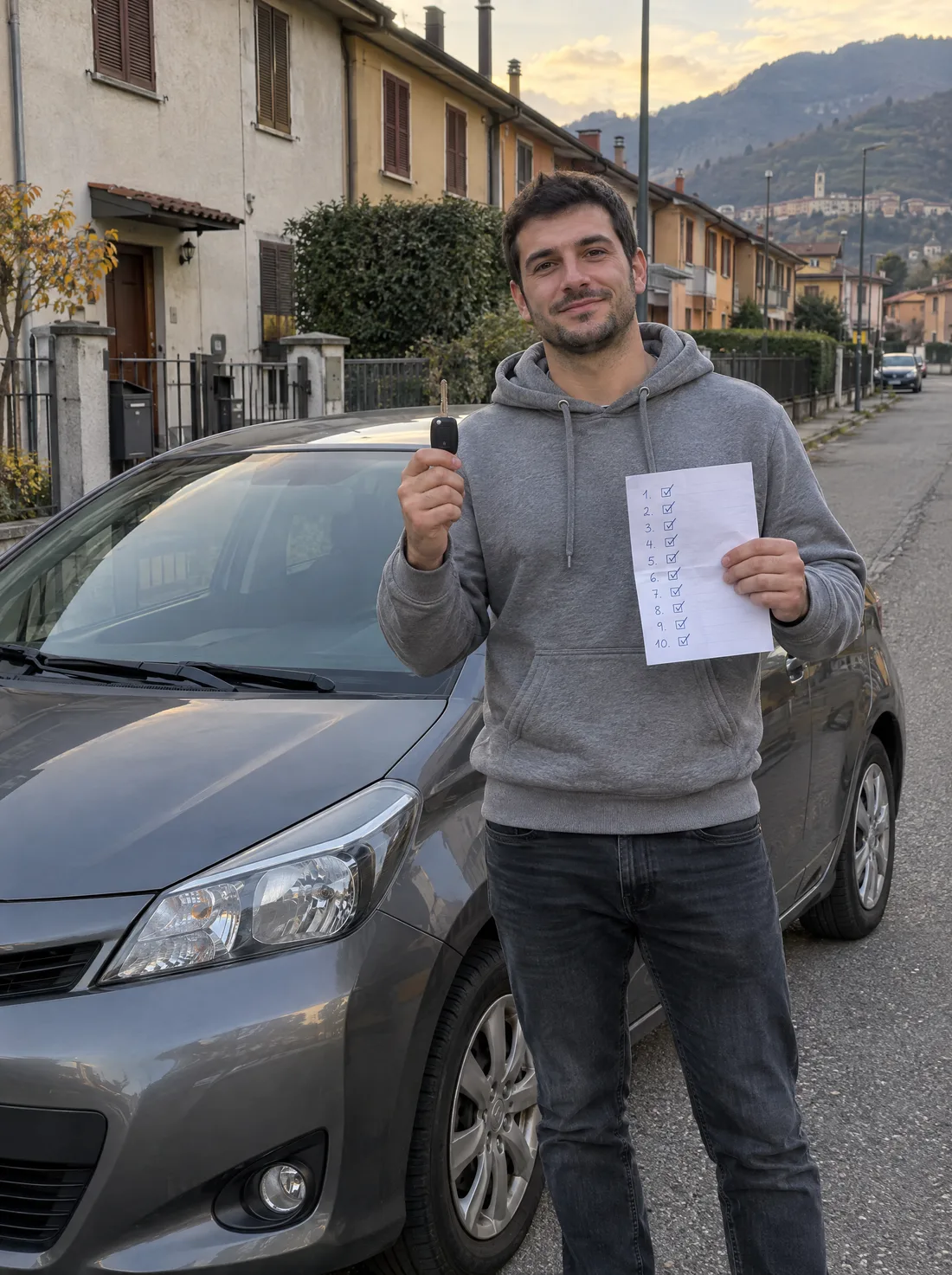 Ragazzo accanto alla sua auto usata con la chiave e la lista dei controlli