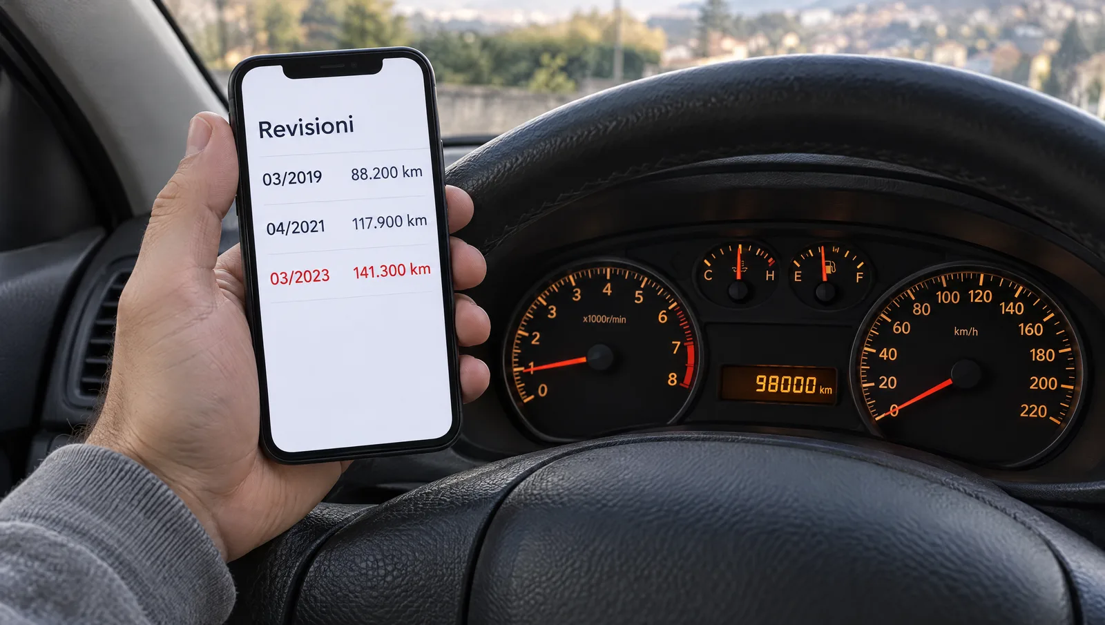 Il telefono accanto al contachilometri che segna 98.000 km