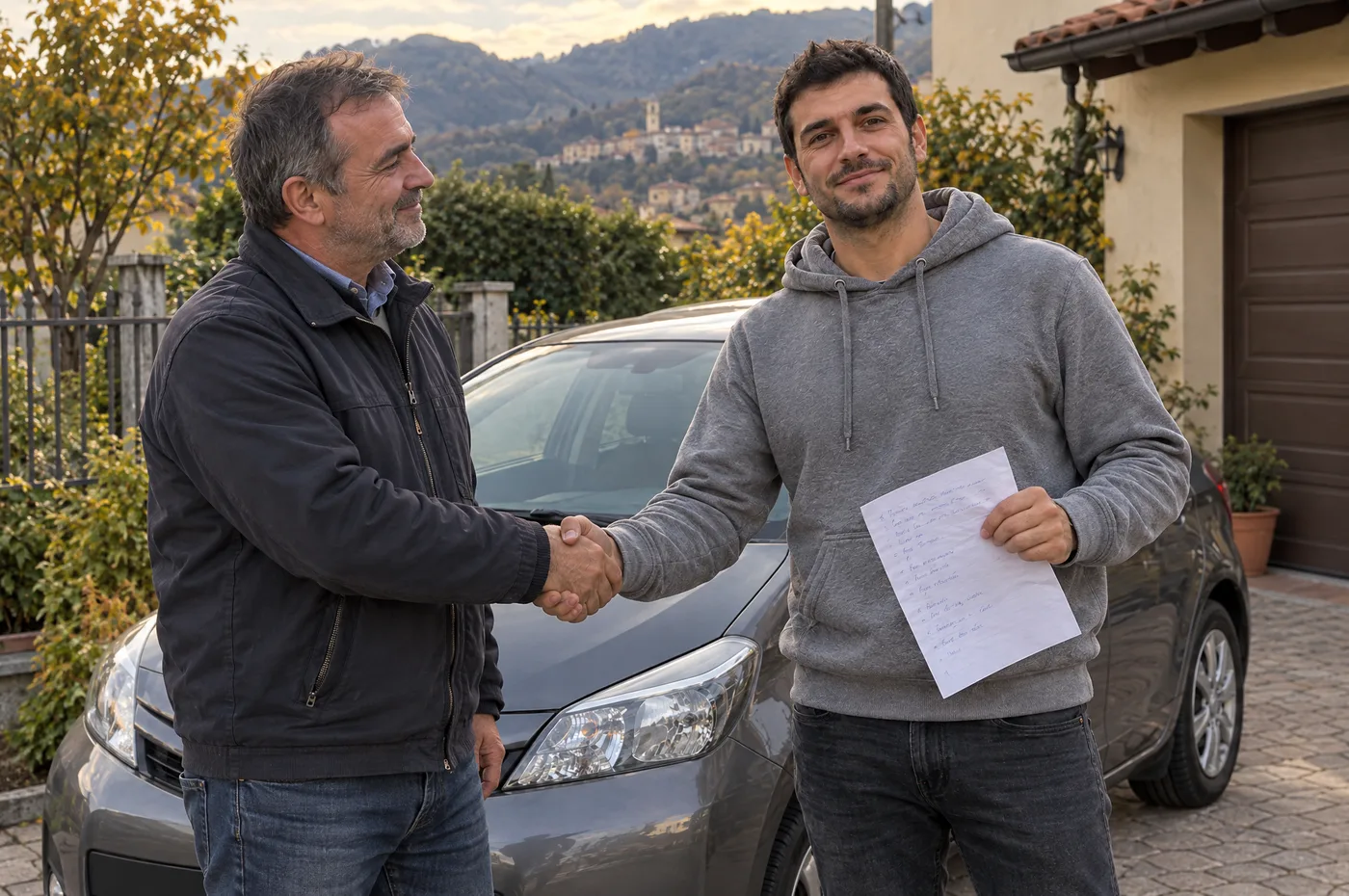 Stretta di mano col venditore accanto all'auto, il foglio degli appunti in mano